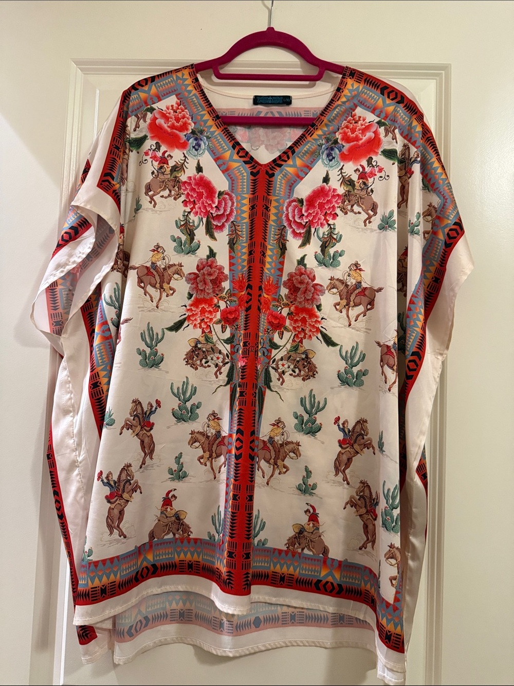 Boho Floral & Rodeo Print V-Neck Blouse in Cream and Red